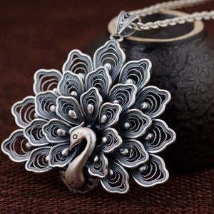 990 Sterling Silver Peacock Necklace Pendant, Peacock Pendant Charm, Silver Peacock Charm, Peacock Jewelry, Bird Pendant, Large Pendant