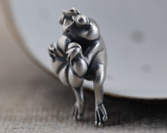 May include: A silver frog figurine with a detailed, realistic design. The frog is sitting on a surface and appears to be holding a small object in its hands.