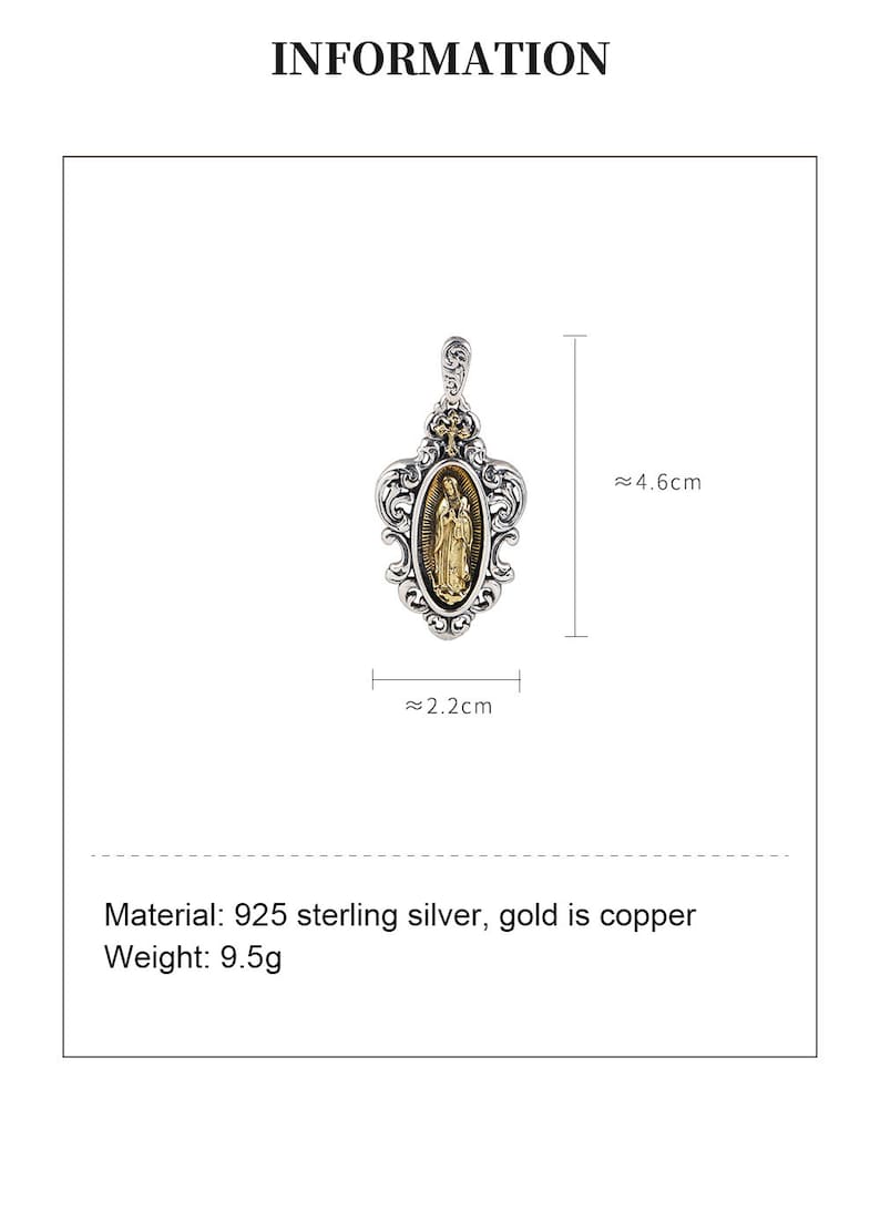 May include: Silver pendant with a gold-toned image of the Virgin Mary in an ornate frame. The pendant measures approximately 4.6 cm in height and 2.2 cm in width. Material: 925 sterling silver, gold is copper. Weight: 9.5g.