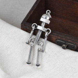 Sterling Silver Robot Necklace Pendant, Robot Charm, Steam Punk Rocking Pendant, Moving Screw Robot Pendant
