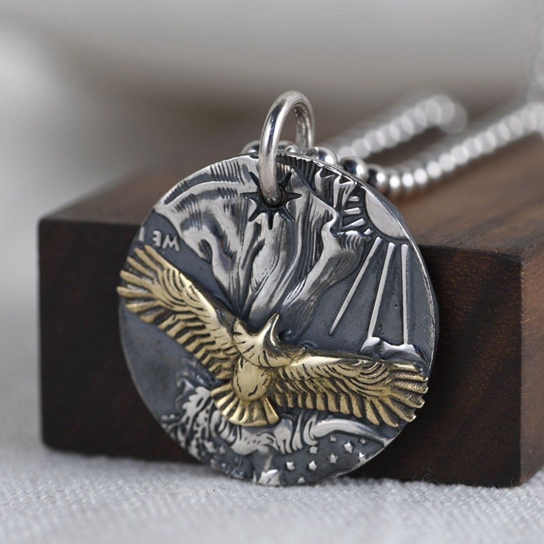 Sterling Silver Eagle Necklace Pendant, Eagle Medal, Eagle Hanging