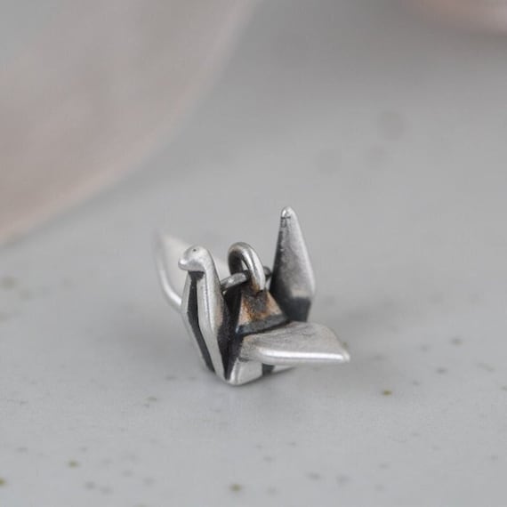 990 Sterling Silver Origami Crane Necklace Pendant, Paper Crane Charm, Folded Bird Necklace Charm