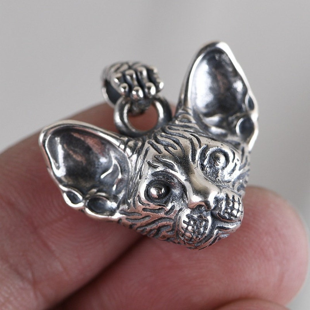 Sterling Silver Sphynx Cat Necklace Pendant, Sphynx Statue Charm