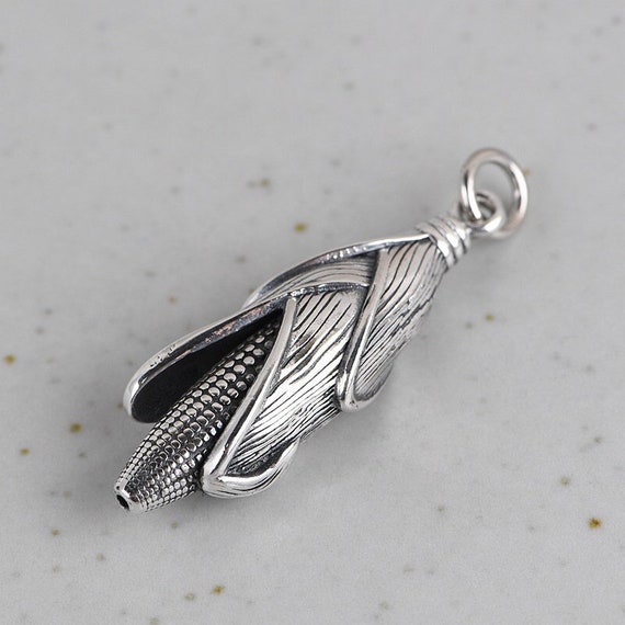 Ear of Corn Charm Sterling Silver Antiqued Finish Ear of Corn Charm Sterling Silver Antiqued Finish