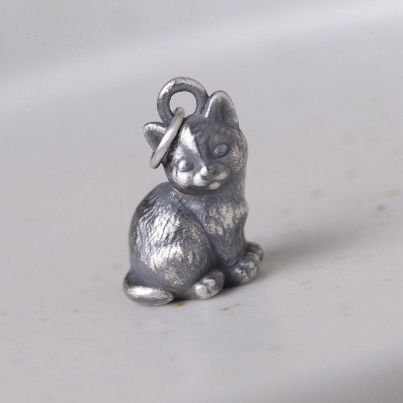 990 Sterling Silver Cat Necklace Charm, Silver Cat Pendant, Cat Jewelry, 3D Kitten Pendant Charm