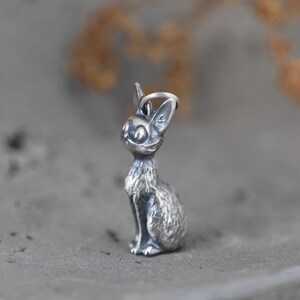 Puede incluir: Un amuleto de plata con forma de gato sentado. El gato tiene ojos grandes y un patr&oacute;n de pelaje texturizado y detallado.