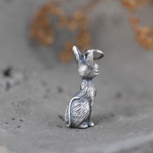 Puede incluir: Un amuleto de plata con forma de conejo sentado. El conejo tiene una superficie texturizada y un peque&ntilde;o bucle en la parte superior para sujetarlo a un collar o pulsera.