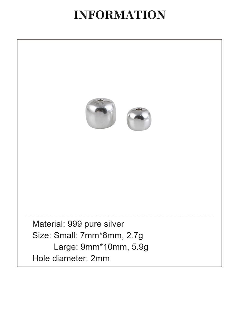 Peut inclure: Deux perles en argent, une petite et une grande. La petite perle mesure 7 mm sur 8 mm et p&egrave;se 2,7 grammes. La grande perle mesure 9 mm sur 10 mm et p&egrave;se 5,9 grammes. Les deux perles ont un diam&egrave;tre de trou de 2 mm.