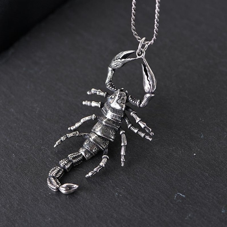 Puede incluir: Un collar con un colgante de escorpi&oacute;n de plata. El escorpi&oacute;n es detallado y realista, con una cola enroscada y garras levantadas. El collar est&aacute; hecho de una cadena de plata.