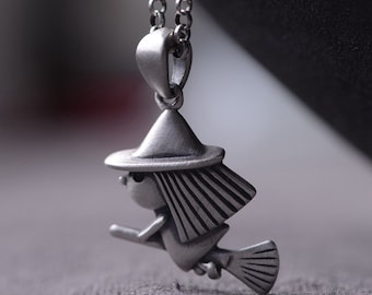 Sterling Silver Tiny Witch Necklace Pendant, Witch On Broom Charm, Flying Witch Charm, Halloween Pendant