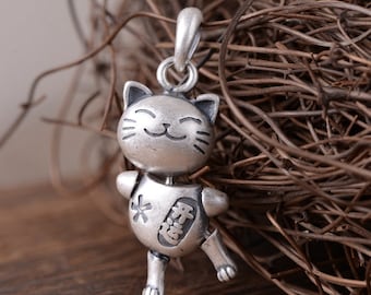 Pendentif collier Maneki Neko en argent sterling 990, breloque Maneki Neko, pendentif chat porte-bonheur, chat faisant signe