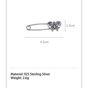 May include: Silver butterfly safety pin with a 4.2 inch length and 1.2 inch width. Material: 925 Sterling Silver. Weight: 2.6g