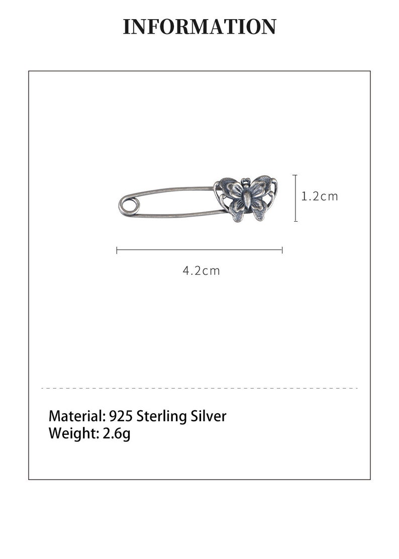 May include: Silver butterfly safety pin with a 4.2 inch length and 1.2 inch width. Material: 925 Sterling Silver. Weight: 2.6g