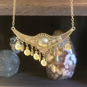 24k gold color plated collar regal necklace with coin charms and sun charms, with necklace extension, tribal, ethnic