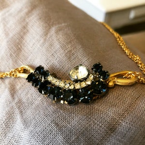 Diamond on the Waves&quot; Vintage Mid Century blue rhinestone, upcycled jewelry gold pendant and necklace, boho, nautical, 1940s, 1950s