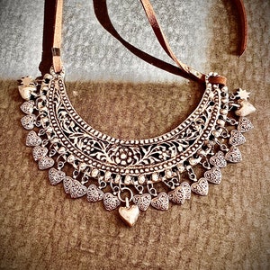 Silver heart smile pendant, tribal jewelry, leather and silver