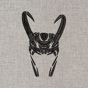May include: Black embroidered design of a horned helmet, possibly a depiction of the character Loki from the Marvel Cinematic Universe.