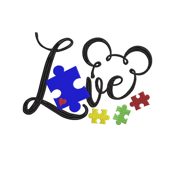 All formats Autism Awareness Pattern Puzzle Piece Design Autism Awareness Ribbon Mickey Ears Machine Embroidery Design 3 Sizes