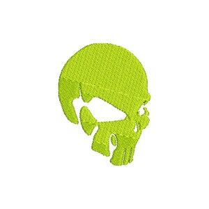 May include: Lime green embroidered skull design. The skull is depicted in profile, with a detailed texture. The design is set against a plain white background, highlighting the vibrant color and intricate stitching.