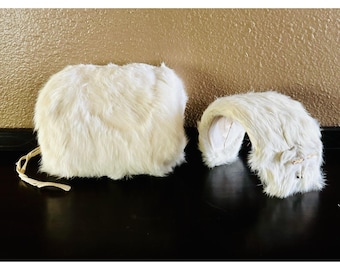 Vintage 1950s Japan Child's Rabbit Fur Hand Muff & Hat Set Winter Girls
