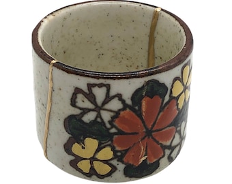 Vintage Japanese Ceramic Cup | Kintsugi Repair | Kintsukuroi | Decorative Sake Cup | Golden Joinery | Floral Sake | Wabi Sabi | Zen Art