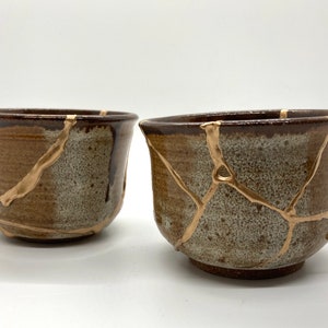 Ceramic Brown Glazed Pots - Kintsugi - Repaired - Japanese Joinery - Original Art - Home Decor - Zero Waste - Zen - Wabi Sabi