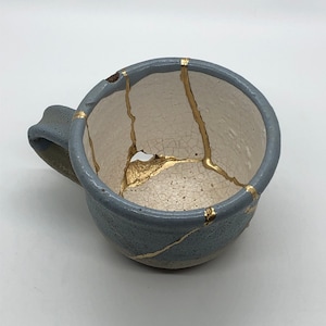 Kintsukuroi | Kintsugi Repair | Vintage Grey and Blue Stoneware Mug | DECORATION ONLY | Zero Waste | Wabi Sabi | Maki-e | Sustainable Art