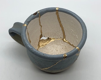 Kintsukuroi | Kintsugi Repair | Vintage Grey and Blue Stoneware Mug | DECORATION ONLY | Zero Waste | Wabi Sabi | Maki-e | Sustainable Art