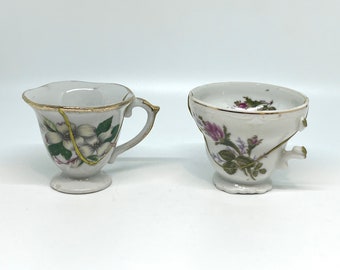 Tiny Kintsugi Vintage Tea Cup Repair | Gilded Vintage Porcelain Teacup | Kintsukuroi Decor | Kintsugi Objects