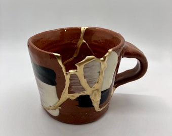 Unique Studio Pottery Art - Terra Cotta Clay Fired Kintsugi Repaired Mugs - For Decoration Only - Kintsukuroi Gold Repair - Wabi Sabi Art