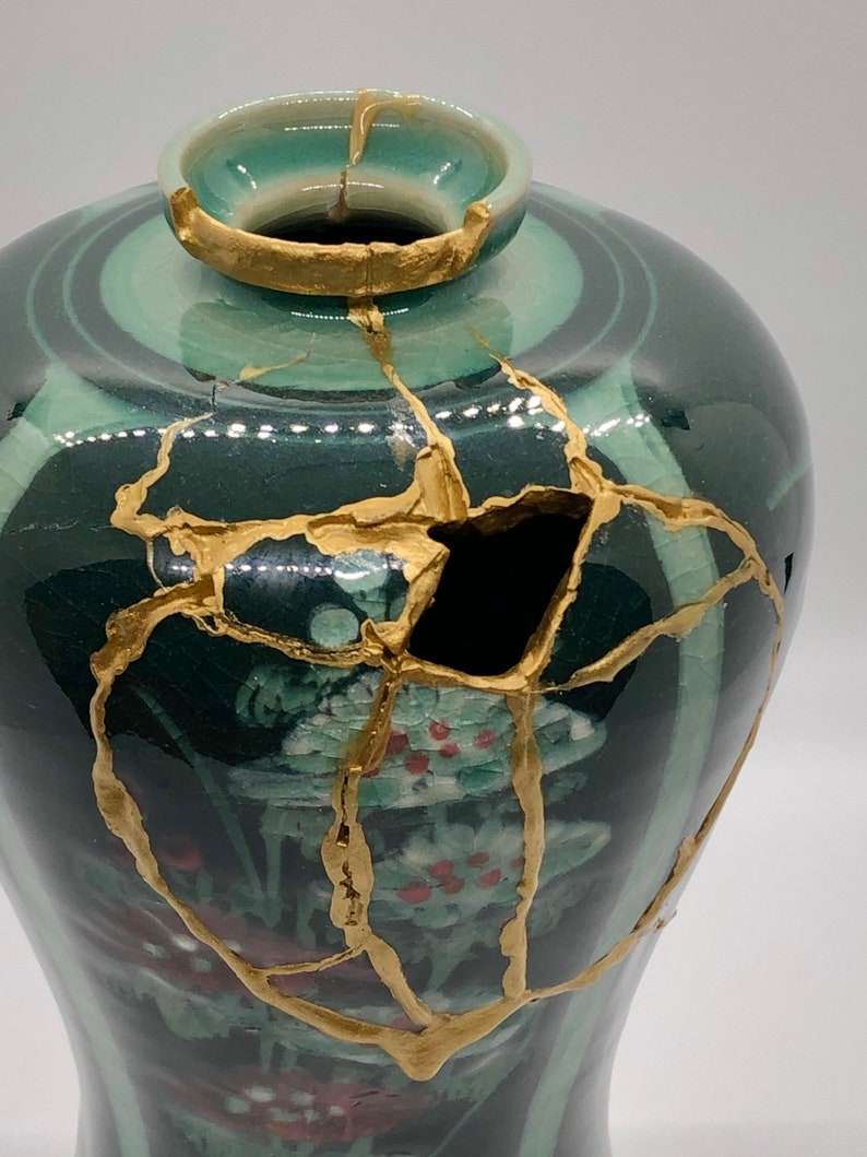 Kintsugi Kintsukuroi Ceramic Vase Japan Green Bamboo Etsy
