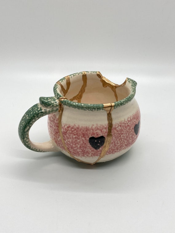 Kintsukuroi Watermelon Pot Zero Waste Sustainable Art Pink and Green 18KT Gold Kintsugi Repaired Ceramic Pot Zen Art Wabi Sabi