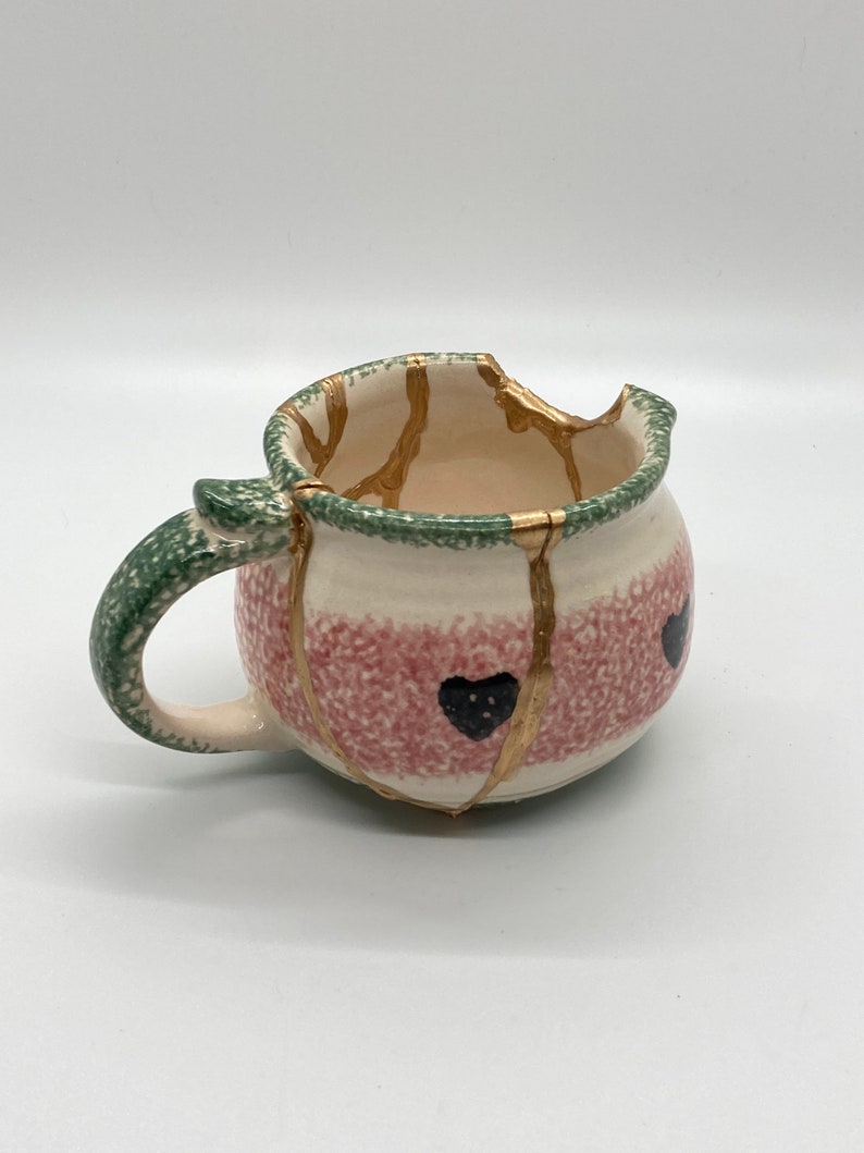 Kintsukuroi Watermelon Pot Zero Waste Sustainable Art Pink and Green 18KT Gold Kintsugi Repaired Ceramic Pot Zen Art Wabi Sabi