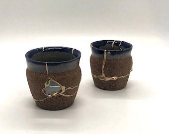 Kintsugi Repaired Blue Vintage Stoneware Sake Cups | Kintsukuroi | Japan Golden Seams | Wabi Sabi | Zen Art | Wabi Sabi Art | Modern Decor
