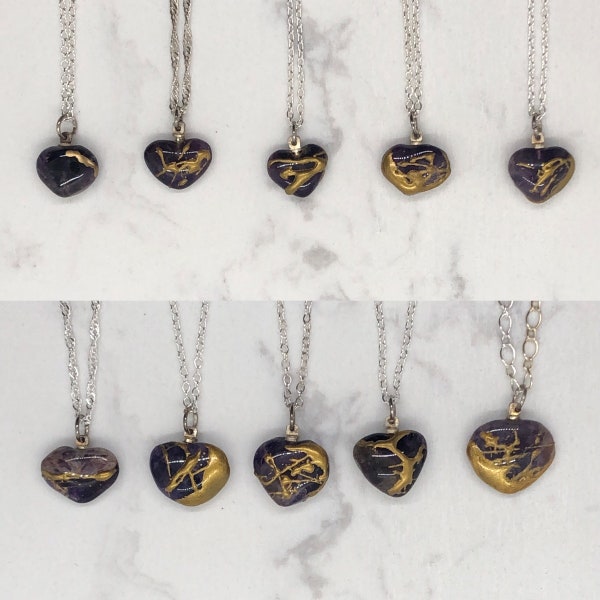 Vintage Purple Natural Amethyst Heart Necklace | Sterling Silver Chain | Kintsukuroi Jewelry | Jewellery | Purple Heart Necklace | Zen Art
