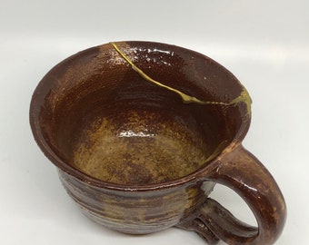 Handmade Studio Pottery | Brown Glaze Kintsugi Repaired Mug | Teacup | For Decoration Only | Kintsukuroi Gold Repair | Wabi Sabi Zen Art