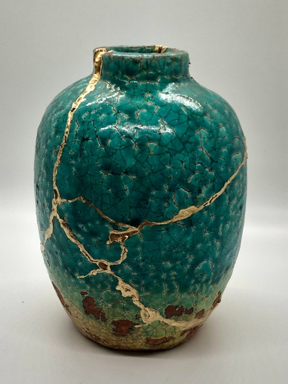 Original Luxury Decor | Unique Objects | Kintsugi Repair of a Stoneware DECORATIVE Vase - Gold Teal & Yellow Glaze | 18ct Finish | Wabi Sabi