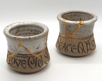 Kintsugi Repair of Handmade Stoneware Cups | Vessel | Decor | Peace | Love | Joy | Kintsukuroi | Meaningful Gifts | Unique Ceramic Decor