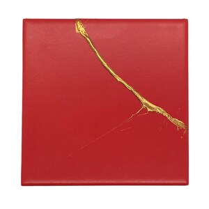 Unique Red Kintsugi Ceramic Tile Coaster / Art | Golden Joinery | Kintsukuroi | Red and Gold Home Decor | Zero Waste | Japanese Gold Repair