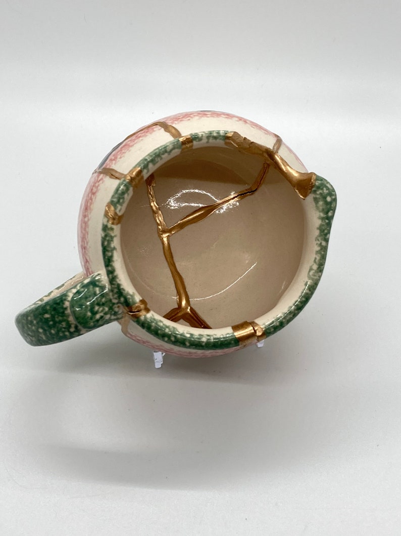 Kintsukuroi Watermelon Pot Zero Waste Sustainable Art Pink and Green 18KT Gold Kintsugi Repaired Ceramic Pot Zen Art Wabi Sabi