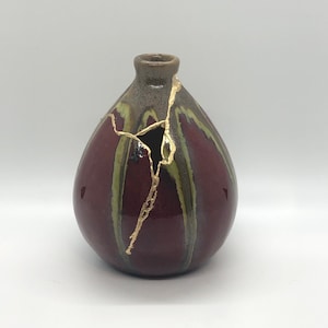 Sustainable Art - Zero Waste - Repurposed Small Red and Green Glaze Vase with Kintsugi Repair - Kintsukuroi -