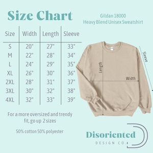 May include: Size chart for a Gildan 18000 Heavy Blend Unisex Sweatshirt. The chart shows the width, length, and sleeve length in inches for sizes S through 4XL. The chart also includes the text "For a more oversized and trendy fit, go up 2 sizes" and "50% cotton 50% polyester".