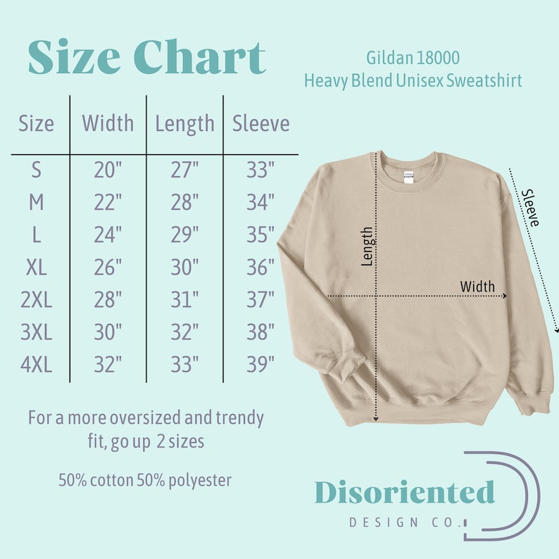 May include: Size chart for a Gildan 18000 Heavy Blend Unisex Sweatshirt. The chart shows the width, length, and sleeve length in inches for sizes S through 4XL. The chart also includes the text "For a more oversized and trendy fit, go up 2 sizes" and "50% cotton 50% polyester".