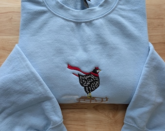 Embroidered Sledding Chicken Holiday Crewneck Sweatshirt
