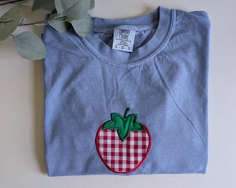 Strawberry Gingham Comfort Colors Cotton Shirt, Embroidered Strawberry Summer Fruit Shirt