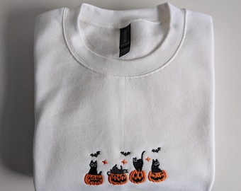 Embroidered Halloween Black Cat Sweatshirt, Spooky Pumpkin Sweater, Halloween crewneck, Cat Lover Gift, Autumn Sweatshirt