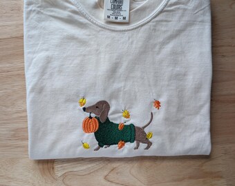 Dachshund Dog Fall Embroidered Comfort Colors® Cotton T-Shirt