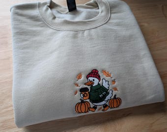 Cozy Autumn Duck Embroidered Crewneck Sweatshirt