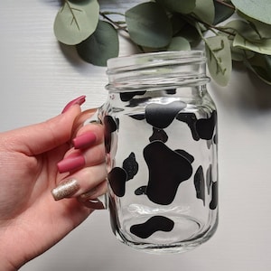 Cow Print Glass Mug, Mason Jar Mug, Cow Print Coffee Cup