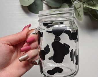 Cow Print Glass Mug, Mason Jar Mug, Cow Print Coffee Cup